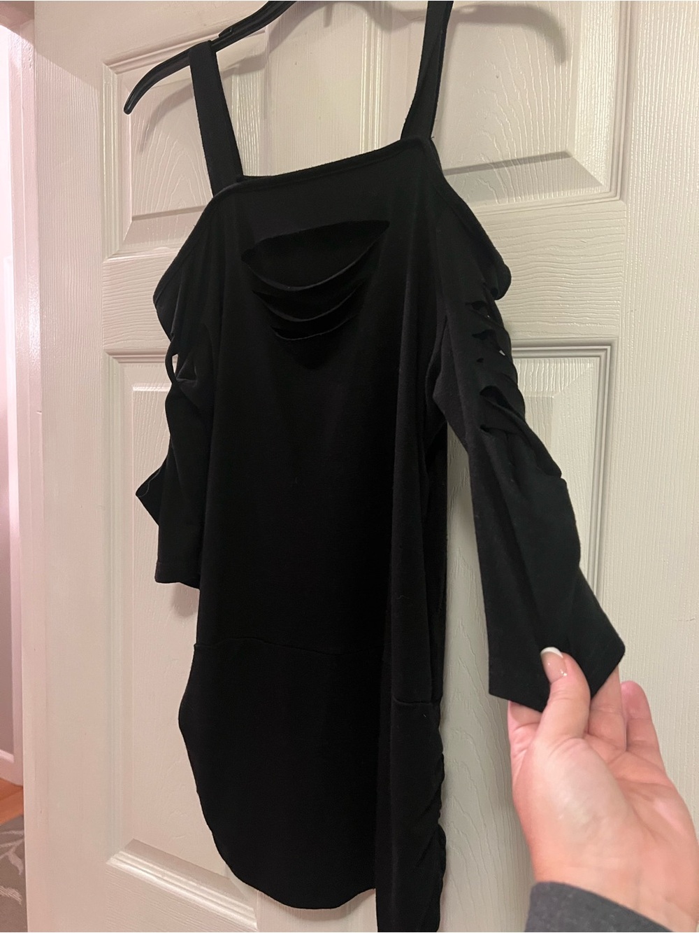 Black Cold-Shoulder Top with Distressed Cutouts On Chest & Arms- Size Medium - Picture 2 of 13